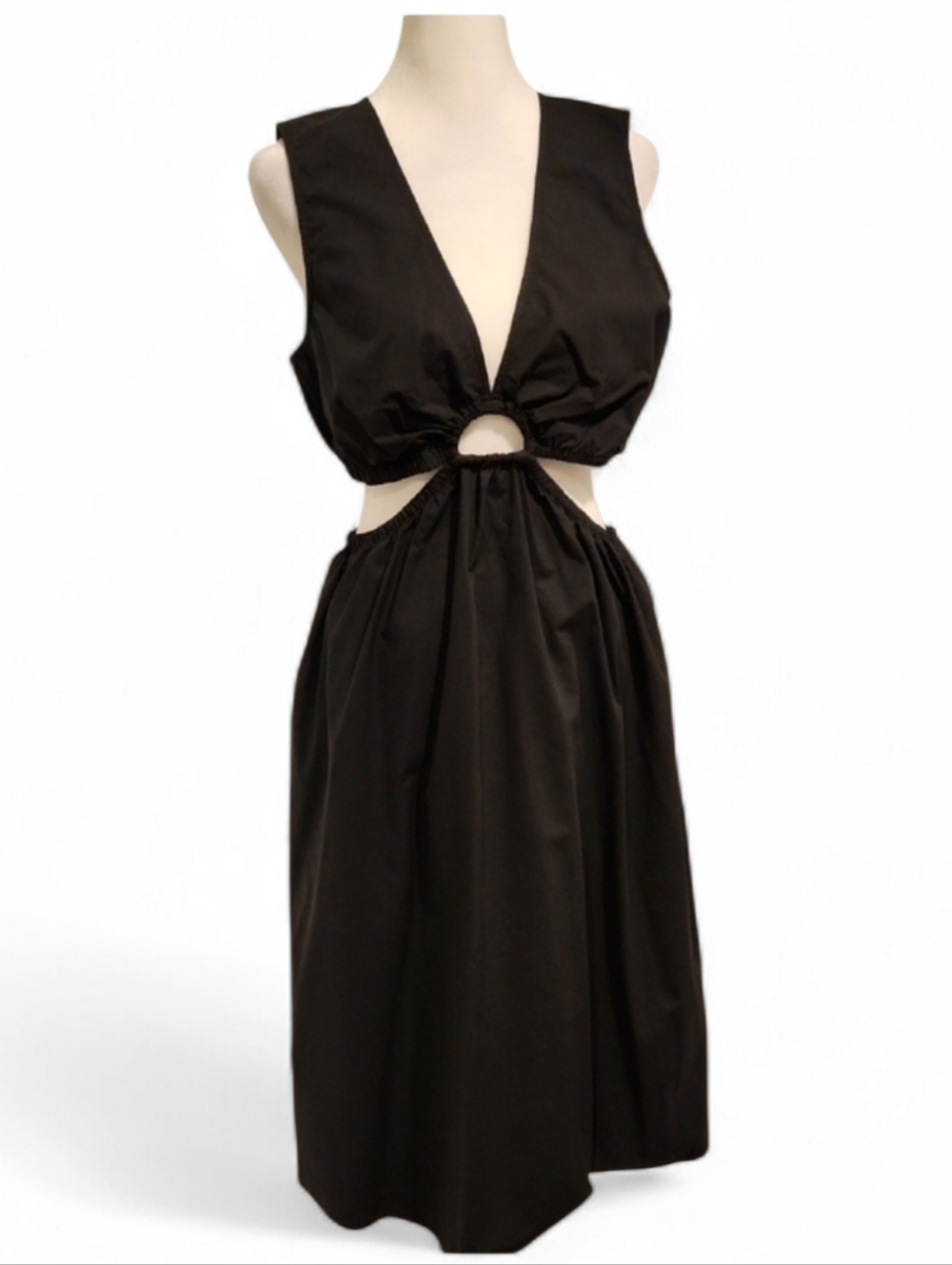 Rails Rizo Cutout Poplin Black Midi Dress with Front V- Neck- Medium - Picture 2 of 11